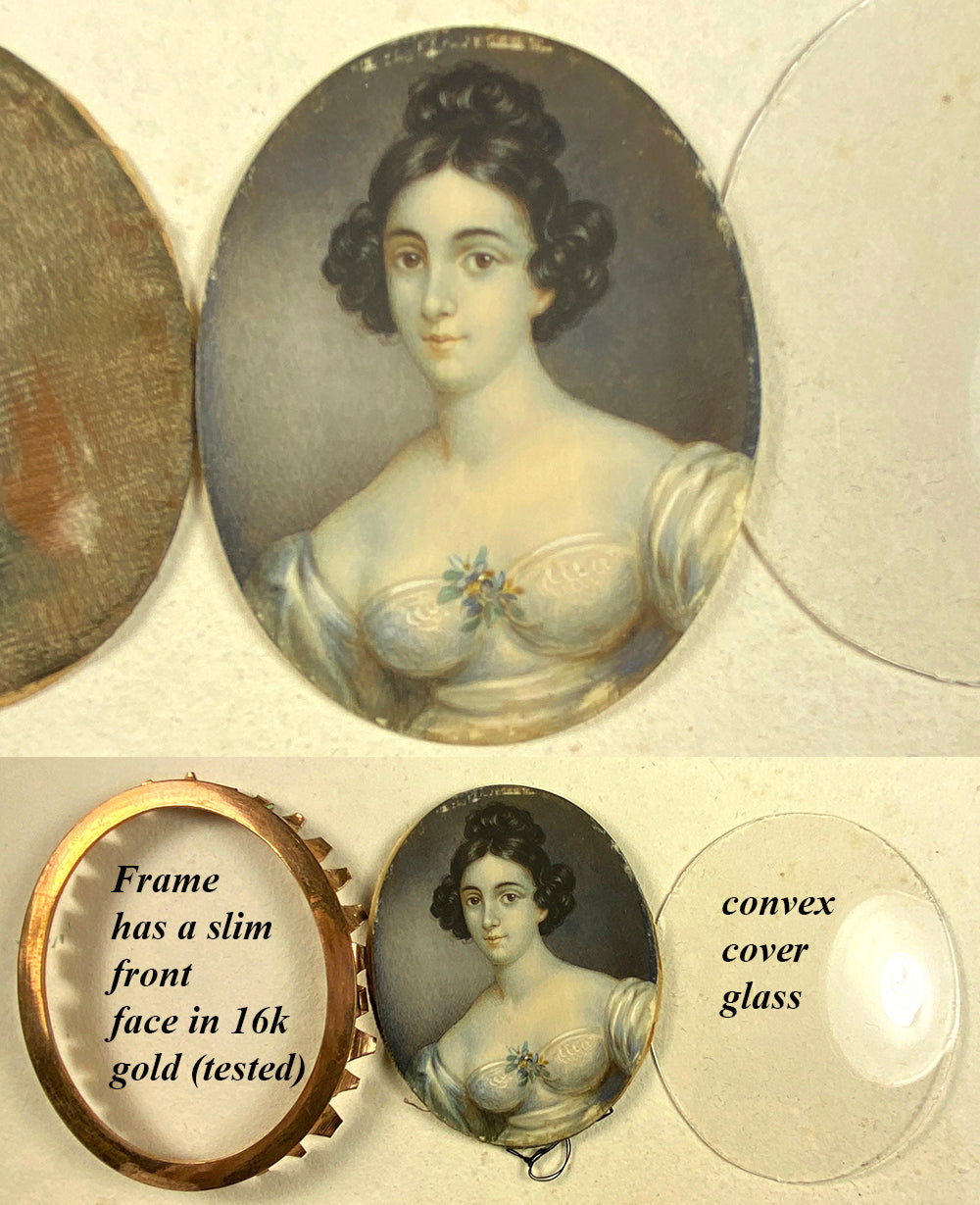 Antique French Portrait Miniature, Beautiful Young Woman c.1820s, 16k Gold Fronted Frame