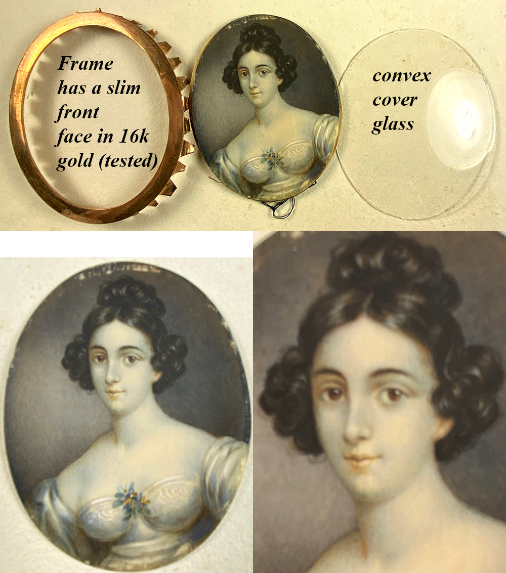 Antique French Portrait Miniature, Beautiful Young Woman c.1820s, 16k Gold Fronted Frame