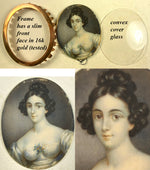 Antique French Portrait Miniature, Beautiful Young Woman c.1820s, 16k Gold Fronted Frame