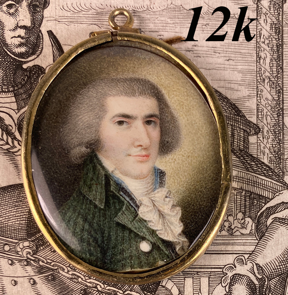 Rare 12k Locket Framec.1795-99 Portrait Miniature, Incroyables Young Man post French Revolution, Directoire