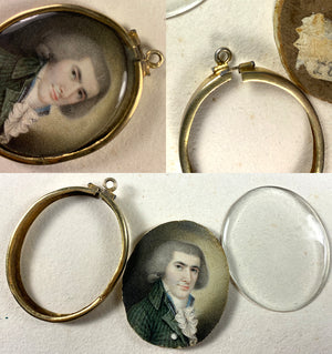 Rare 12k Locket Framec.1795-99 Portrait Miniature, Incroyables Young Man post French Revolution, Directoire