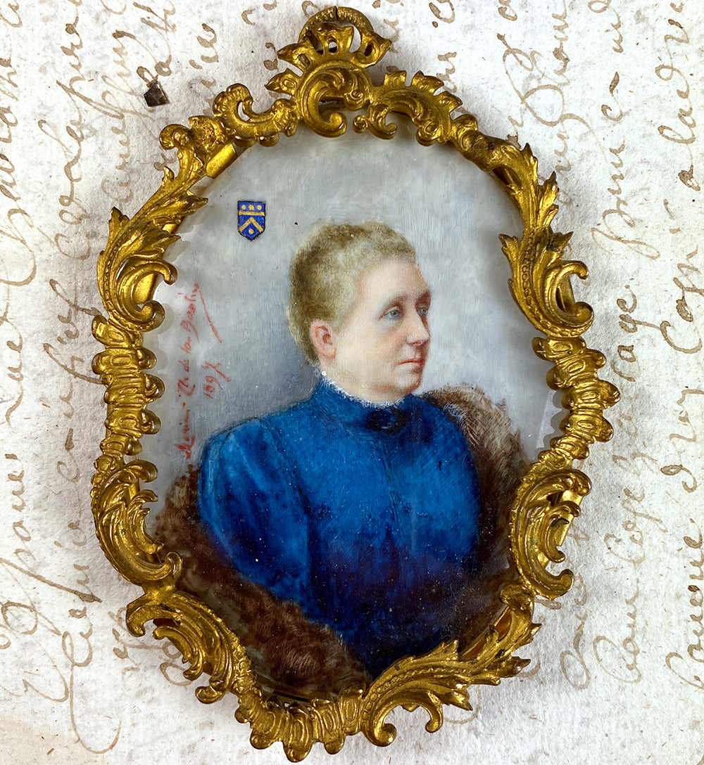 Antique French Portrait Miniature of a Matron, Signed and dated c.1897, Fine French Frame