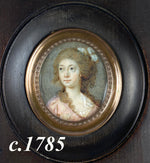 Elegant c.1785 Antique Portrait Miniature, French Beauty in Wood Frame