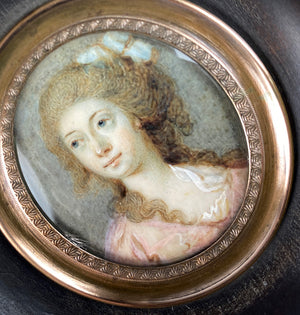 Elegant c.1785 Antique Portrait Miniature, French Beauty in Wood Frame