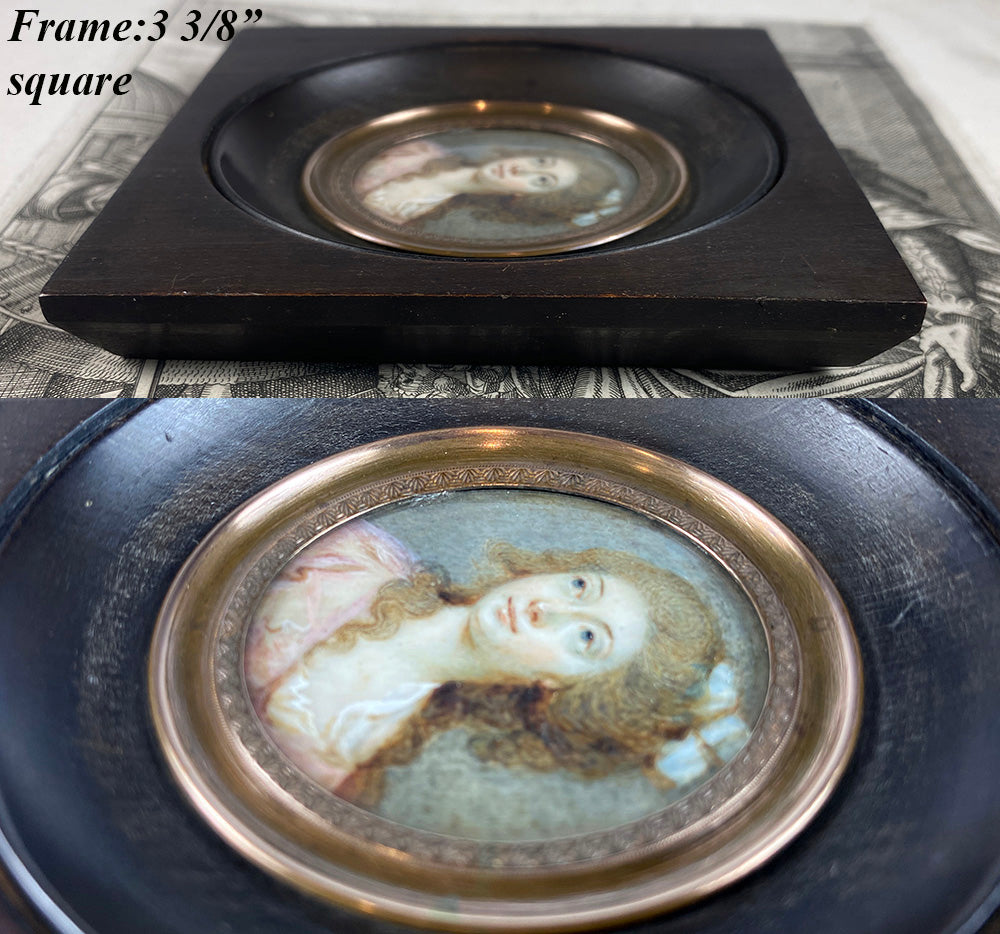 Elegant c.1785 Antique Portrait Miniature, French Beauty in Wood Frame