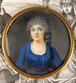 C. 1750s Antique French Portrait Miniature, Beautiful Woman with Pearl Tiara, Louis XV