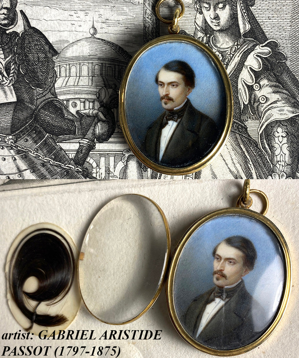 Antique Portrait Miniature in 18k Gold Locket Pendant, Listed Artist: PASSOT, c.1840-50