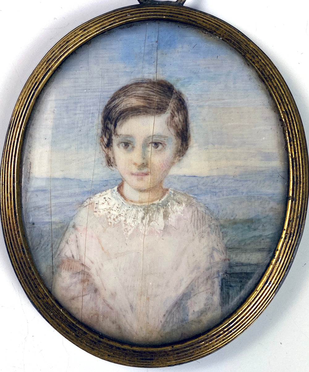 Antique Prussian or Russian Portrait Miniature of a Young Boy, Child, in Frame