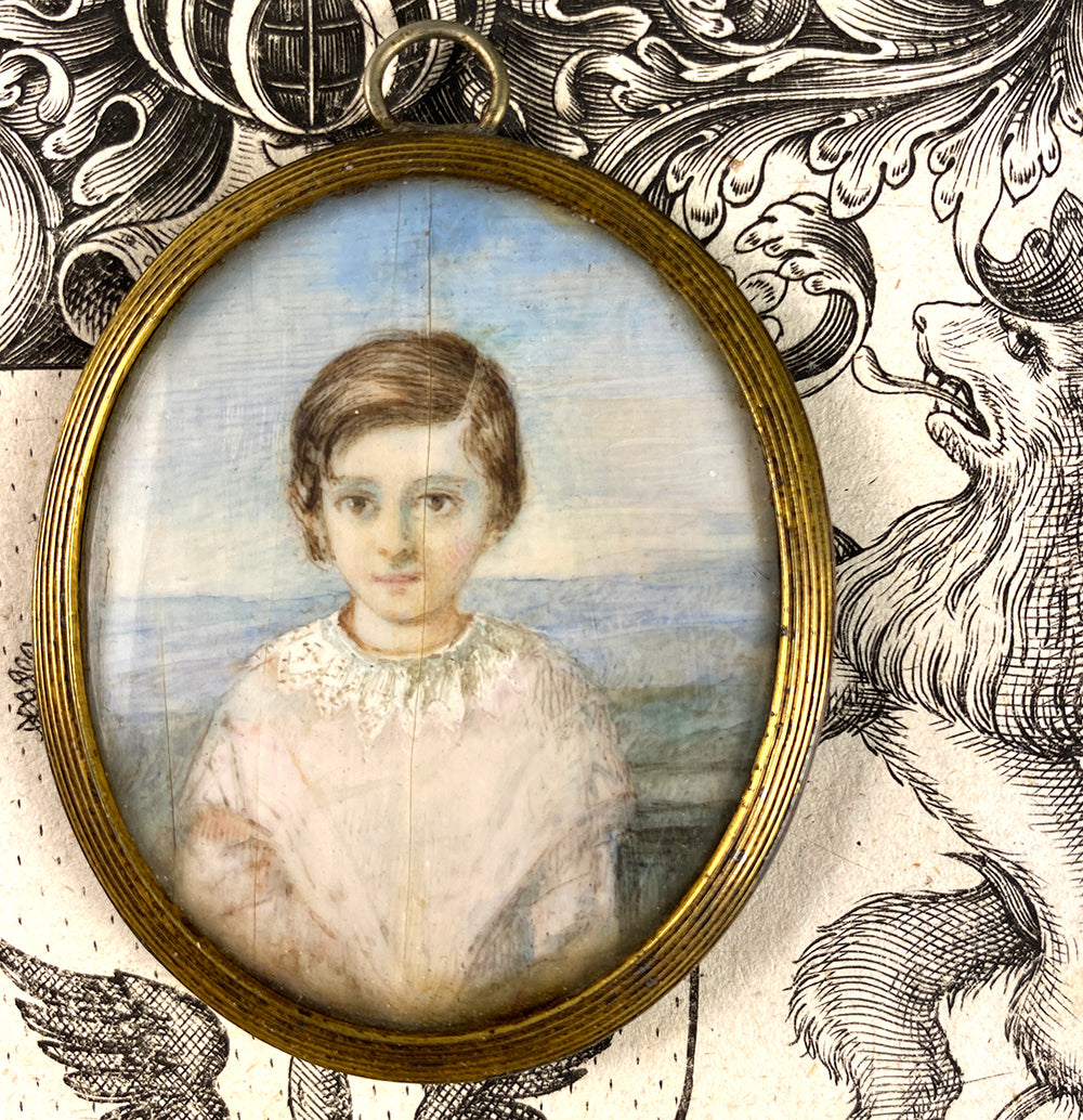 Antique Prussian or Russian Portrait Miniature of a Young Boy, Child, in Frame