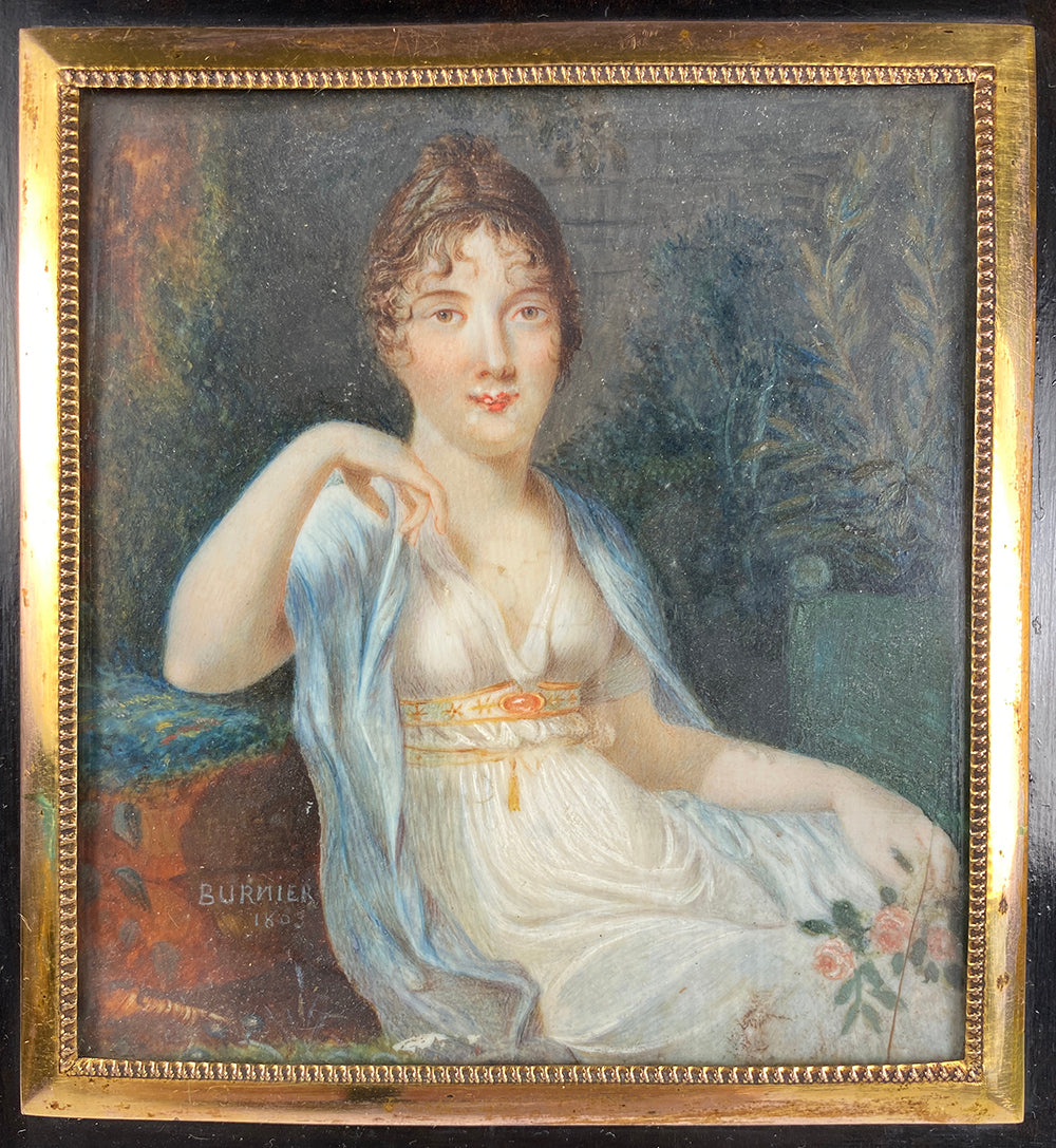 Superb Antique French Portrait Miniature c.1803 by BERNIER, Beautiful Empire Woman, Large Painting