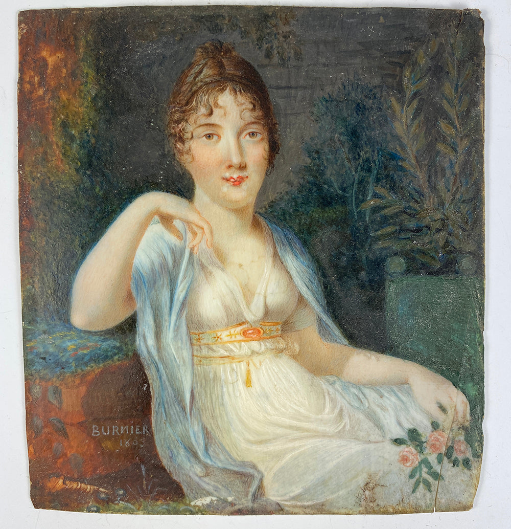 Superb Antique French Portrait Miniature c.1803 by BERNIER, Beautiful Empire Woman, Large Painting