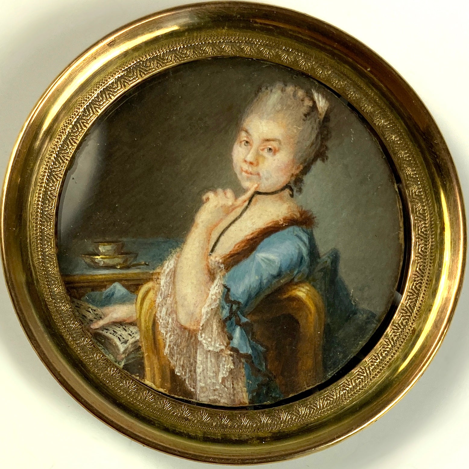 Antique c.1750s French Portrait Miniature of a Woman with Sevres Teacup, Music Score
