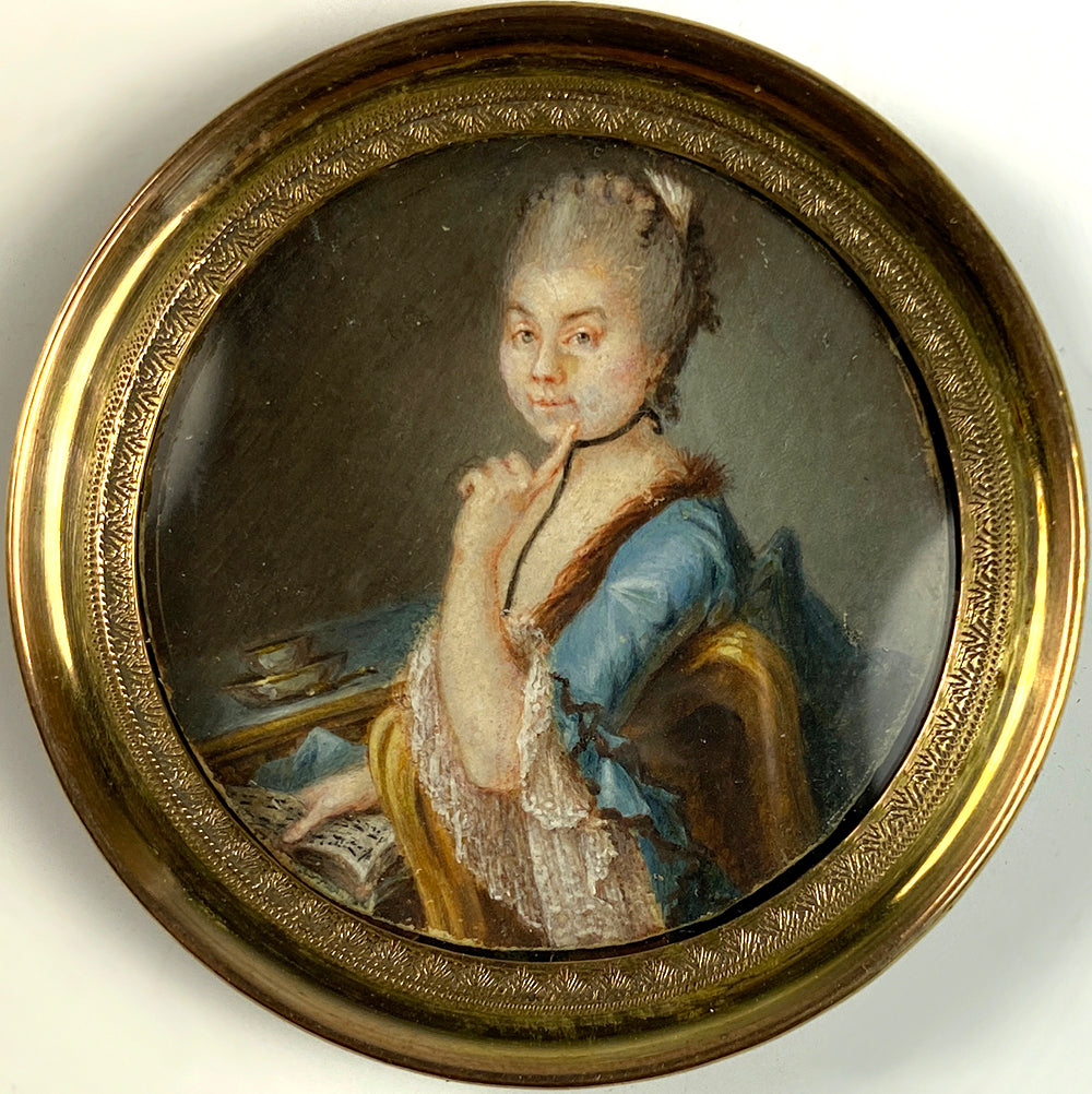 Antique c.1750s French Portrait Miniature of a Woman with Sevres Teacup, Music Score