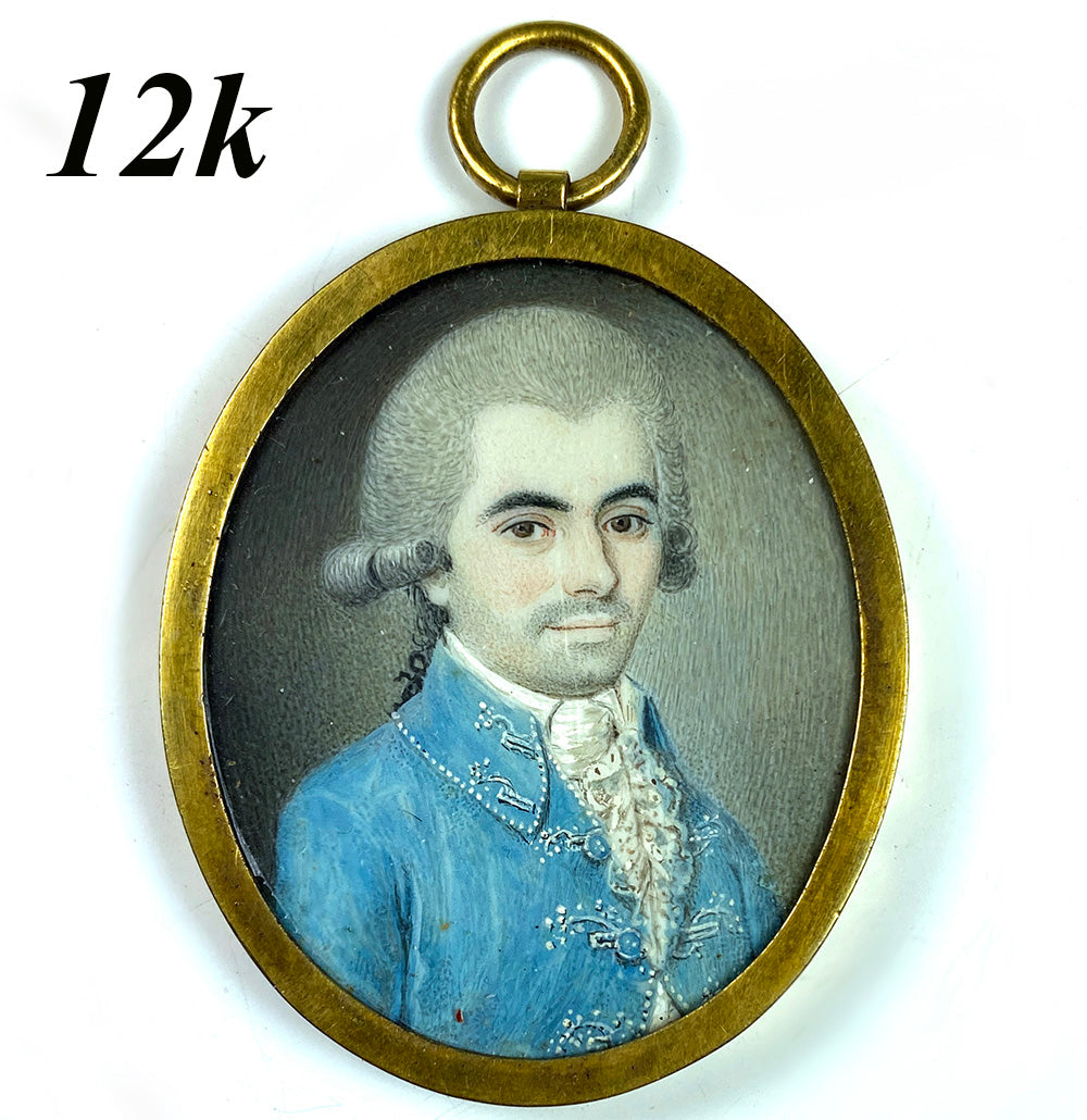 Rare Antique French Portrait Miniature, Handsome Man, c.1740s, in 12k Gold Pendant Locket, Hair Art