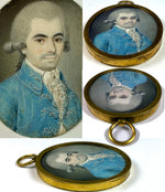 Rare Antique French Portrait Miniature, Handsome Man, c.1740s, in 12k Gold Pendant Locket, Hair Art