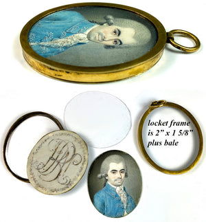 Rare Antique French Portrait Miniature, Handsome Man, c.1740s, in 12k Gold Pendant Locket, Hair Art