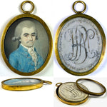 Rare Antique French Portrait Miniature, Handsome Man, c.1740s, in 12k Gold Pendant Locket, Hair Art