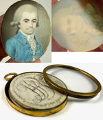 Rare Antique French Portrait Miniature, Handsome Man, c.1740s, in 12k Gold Pendant Locket, Hair Art