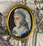 RARE c.1750s Tiny Portrait Miniature, Matron in Elaborate Lace Bonnet, Flowers, 14k Frame