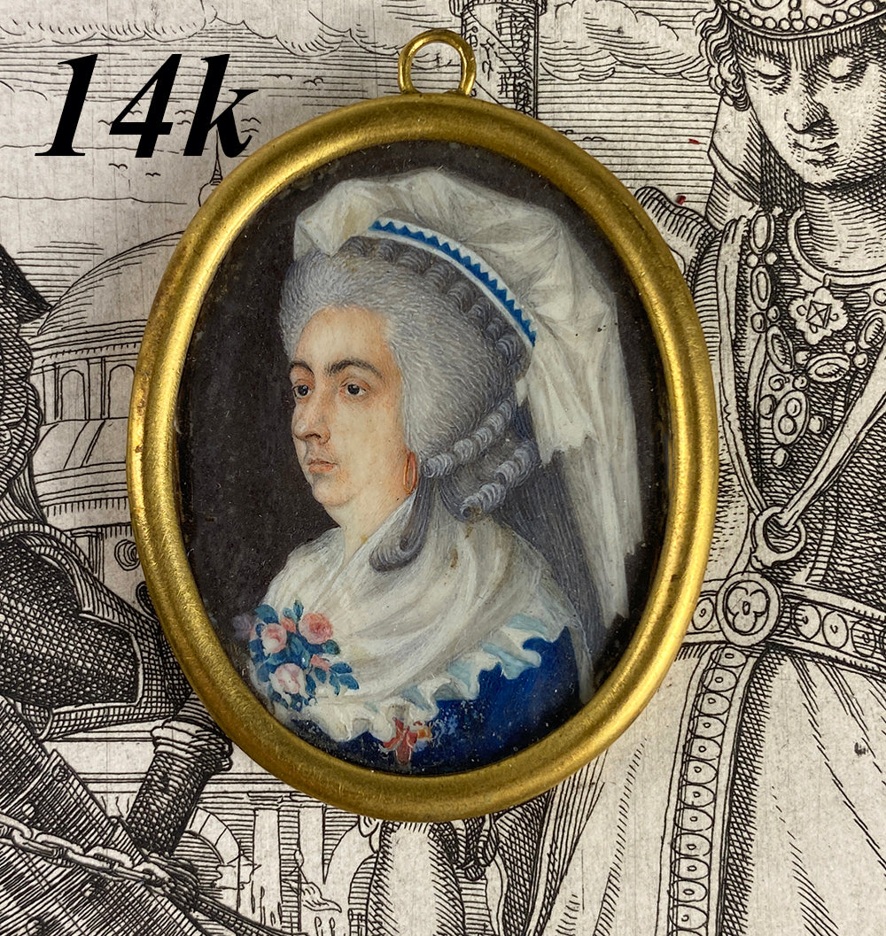 RARE c.1750s Tiny Portrait Miniature, Matron in Elaborate Lace Bonnet, Flowers, 14k Frame