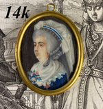 RARE c.1750s Tiny Portrait Miniature, Matron in Elaborate Lace Bonnet, Flowers, 14k Frame