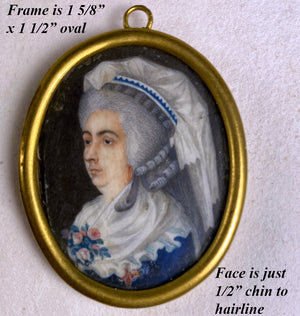 RARE c.1750s Tiny Portrait Miniature, Matron in Elaborate Lace Bonnet, Flowers, 14k Frame