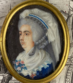 RARE c.1750s Tiny Portrait Miniature, Matron in Elaborate Lace Bonnet, Flowers, 14k Frame