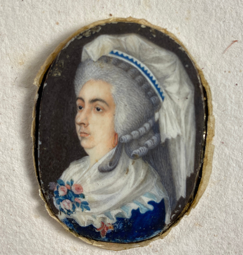 RARE c.1750s Tiny Portrait Miniature, Matron in Elaborate Lace Bonnet, Flowers, 14k Frame