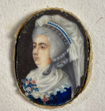 RARE c.1750s Tiny Portrait Miniature, Matron in Elaborate Lace Bonnet, Flowers, 14k Frame