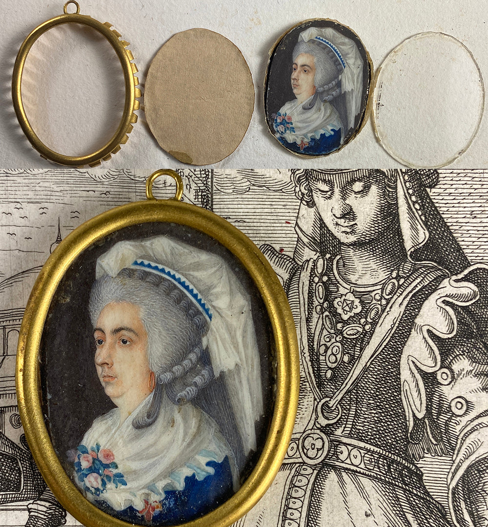 RARE c.1750s Tiny Portrait Miniature, Matron in Elaborate Lace Bonnet, Flowers, 14k Frame