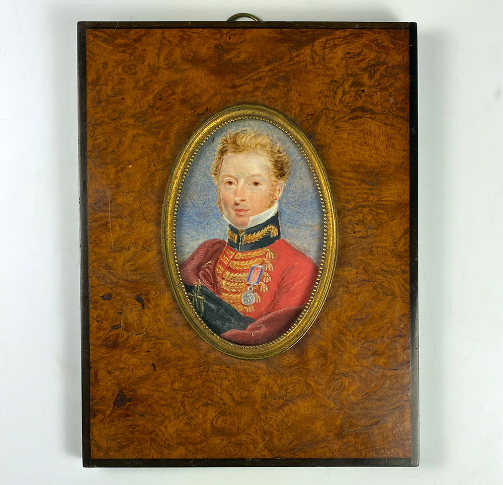 antique French Portrait Miniature, 1st Empire Military Officer, Bi-corn Hat and Medal, c.1810