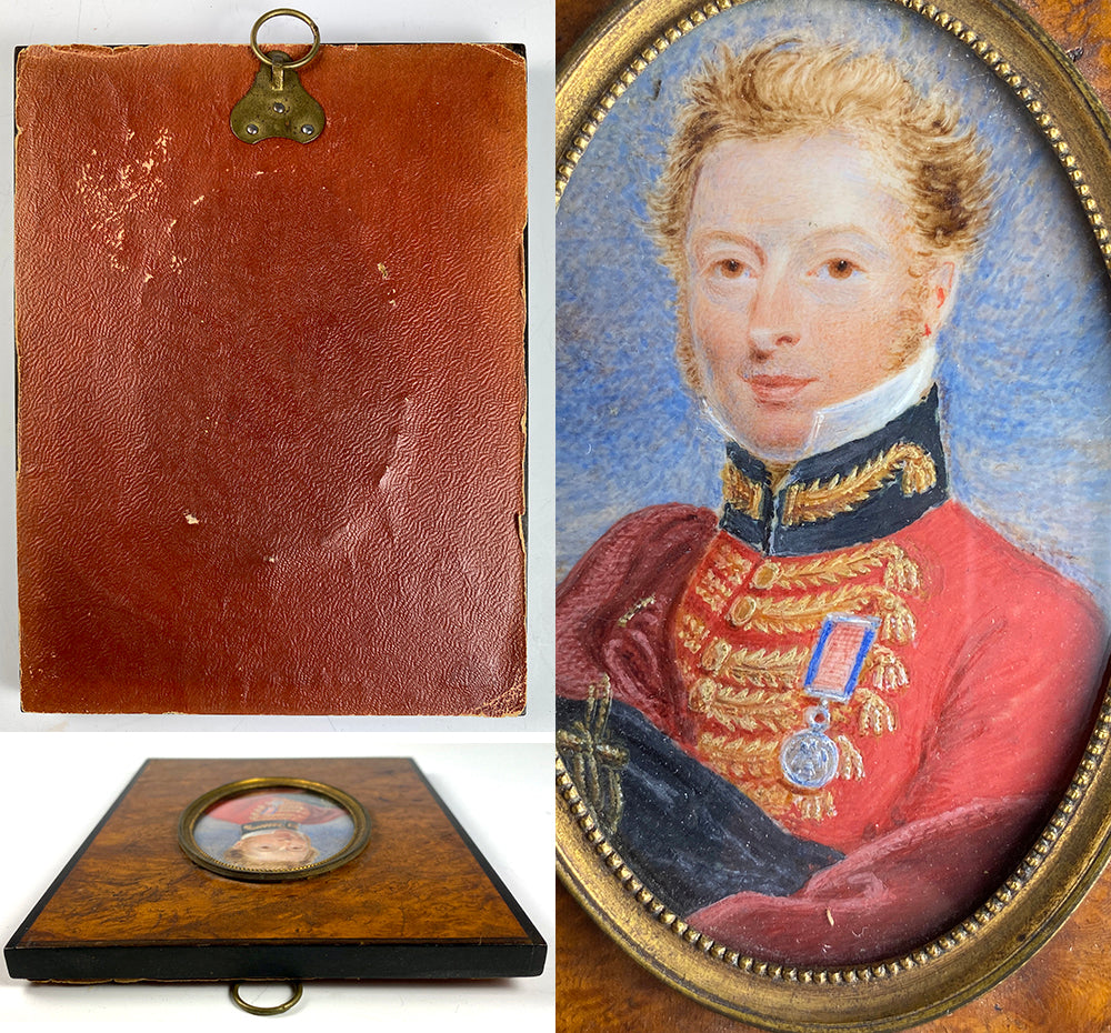 antique French Portrait Miniature, 1st Empire Military Officer, Bi-corn Hat and Medal, c.1810