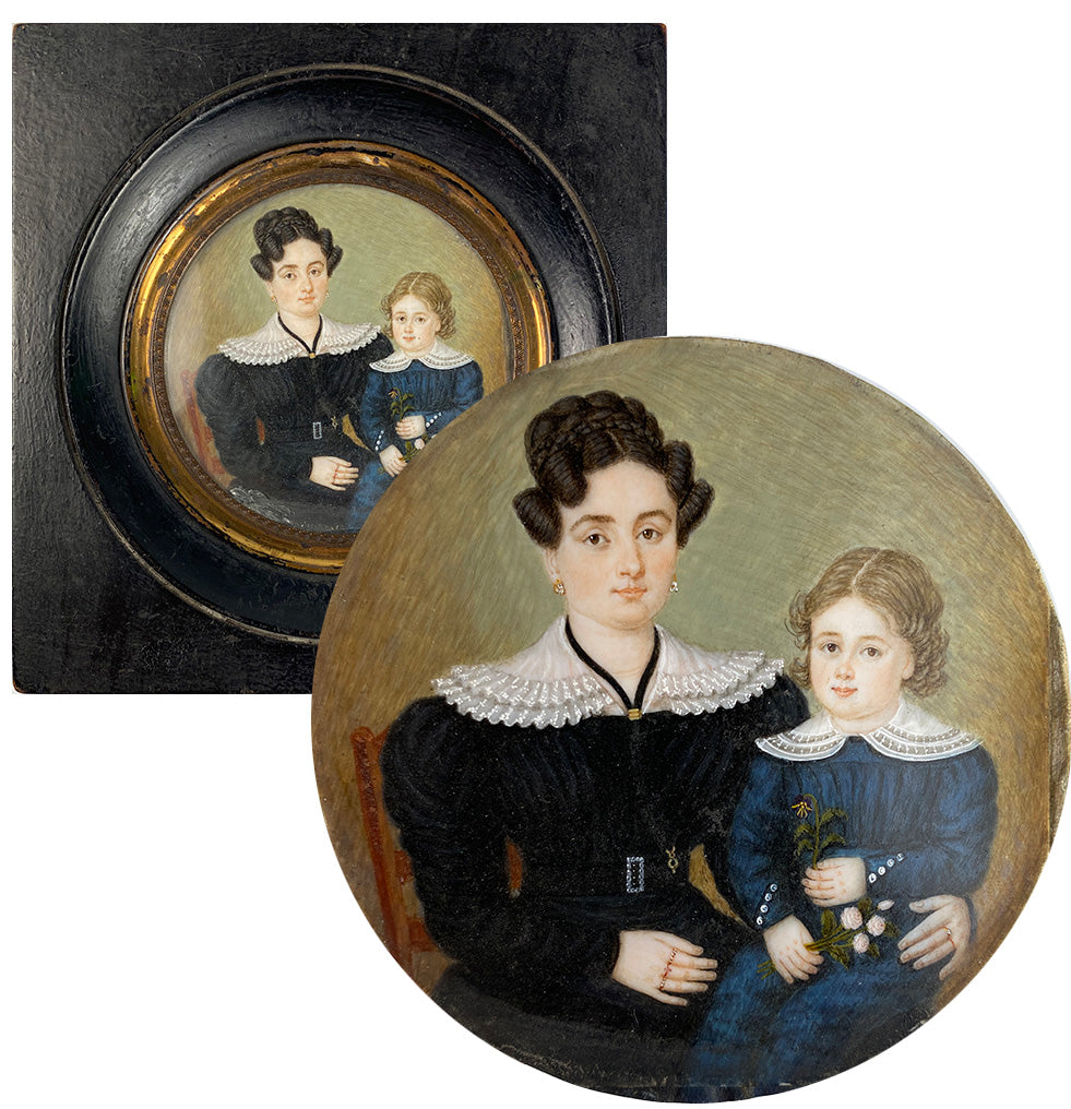 Antique French Portrait Miniature, c.1820-30s, A Young Mother with her Child, Little Girl or Boy