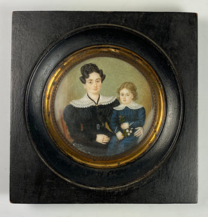 Antique French Portrait Miniature, c.1820-30s, A Young Mother with her Child, Little Girl or Boy