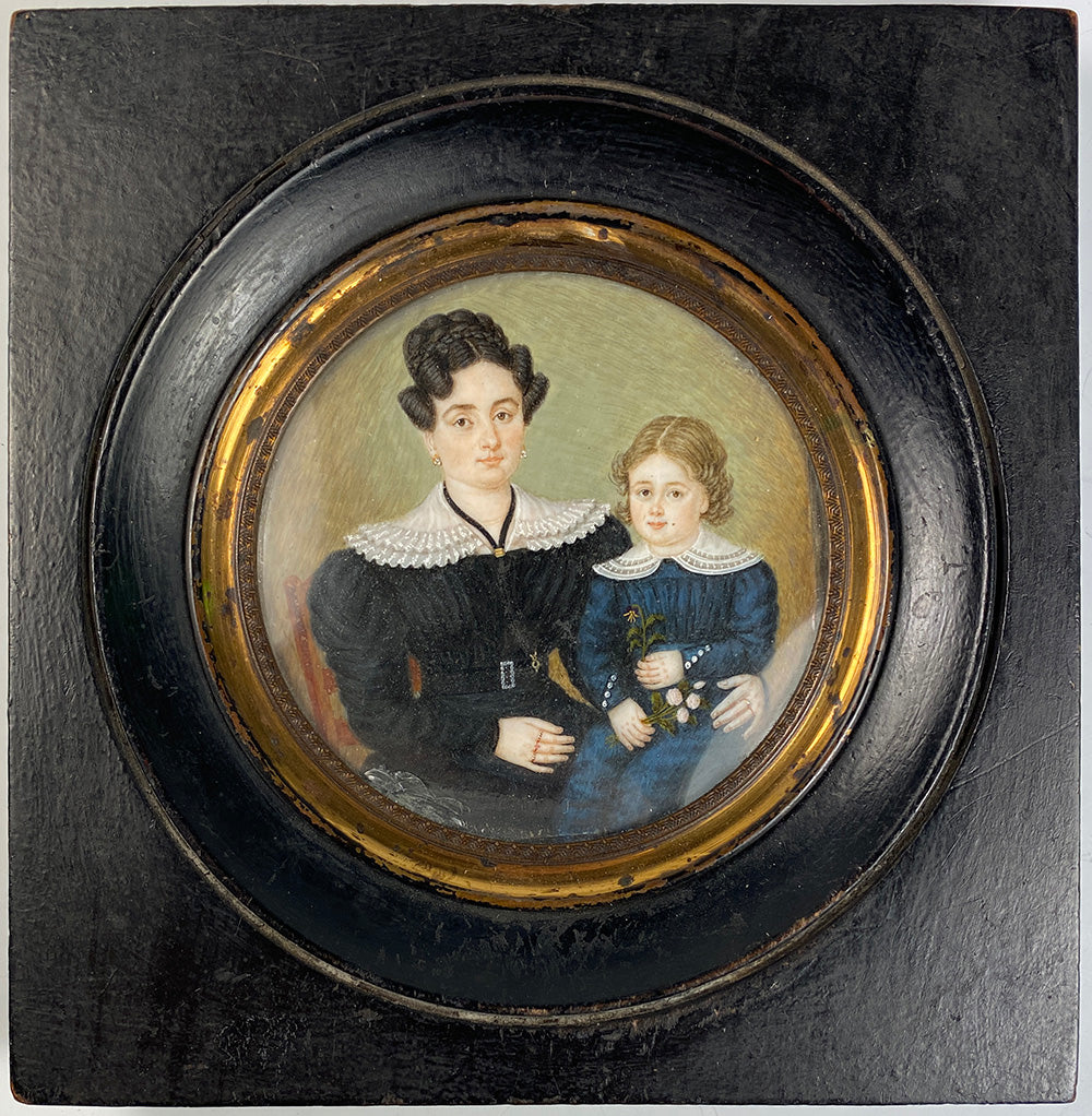 Antique French Portrait Miniature, c.1820-30s, A Young Mother with her Child, Little Girl or Boy