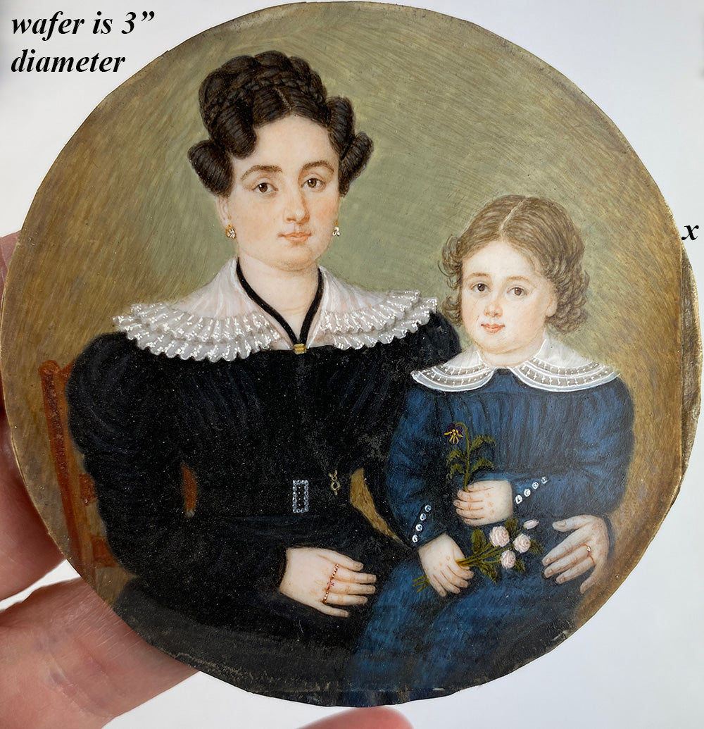 Antique French Portrait Miniature, c.1820-30s, A Young Mother with her Child, Little Girl or Boy