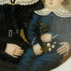 Antique French Portrait Miniature, c.1820-30s, A Young Mother with her Child, Little Girl or Boy