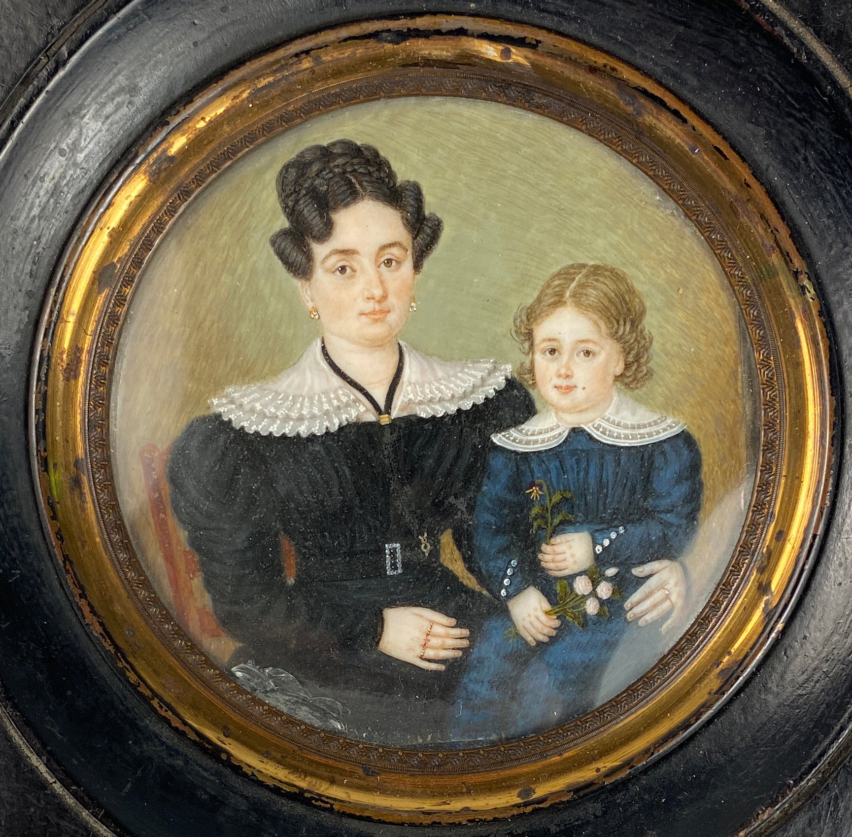 Antique French Portrait Miniature, c.1820-30s, A Young Mother with her Child, Little Girl or Boy