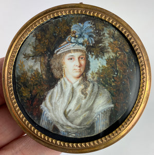 Antique Georgian Era Portrait Miniature, Pretty Woman in Elaborate Hat, c.1780s