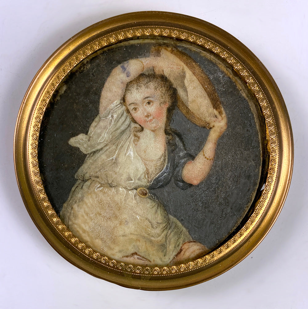Antique Intimate Portrait Miniature, c.1700s, a Dancing Woman, Loose Gown, Hat