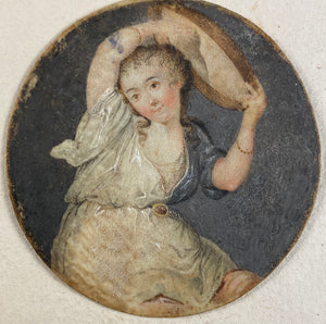 Antique Intimate Portrait Miniature, c.1700s, a Dancing Woman, Loose Gown, Hat