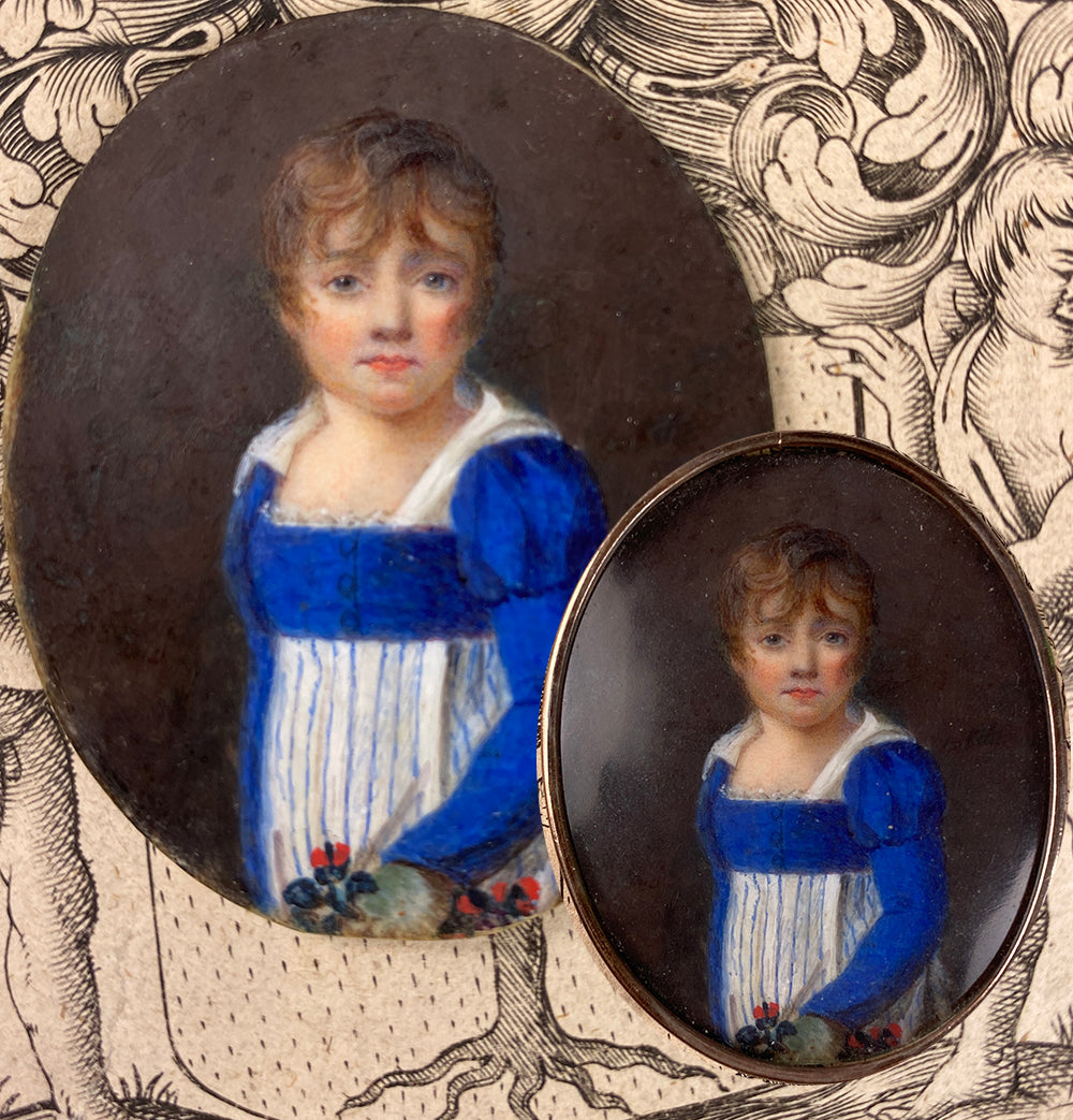 Antique French Empire Portrait Miniature of a Child, Young Girl, 12k Gold Frame