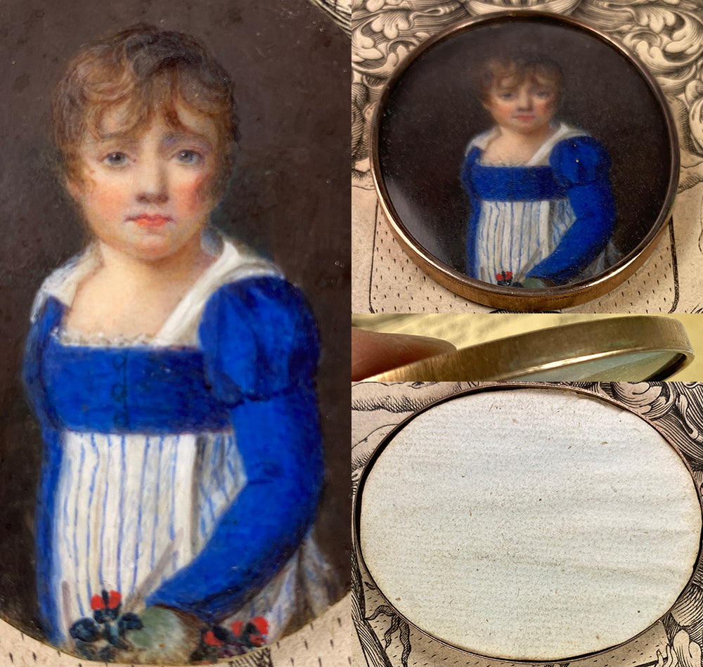 Antique French Empire Portrait Miniature of a Child, Young Girl, 12k Gold Frame