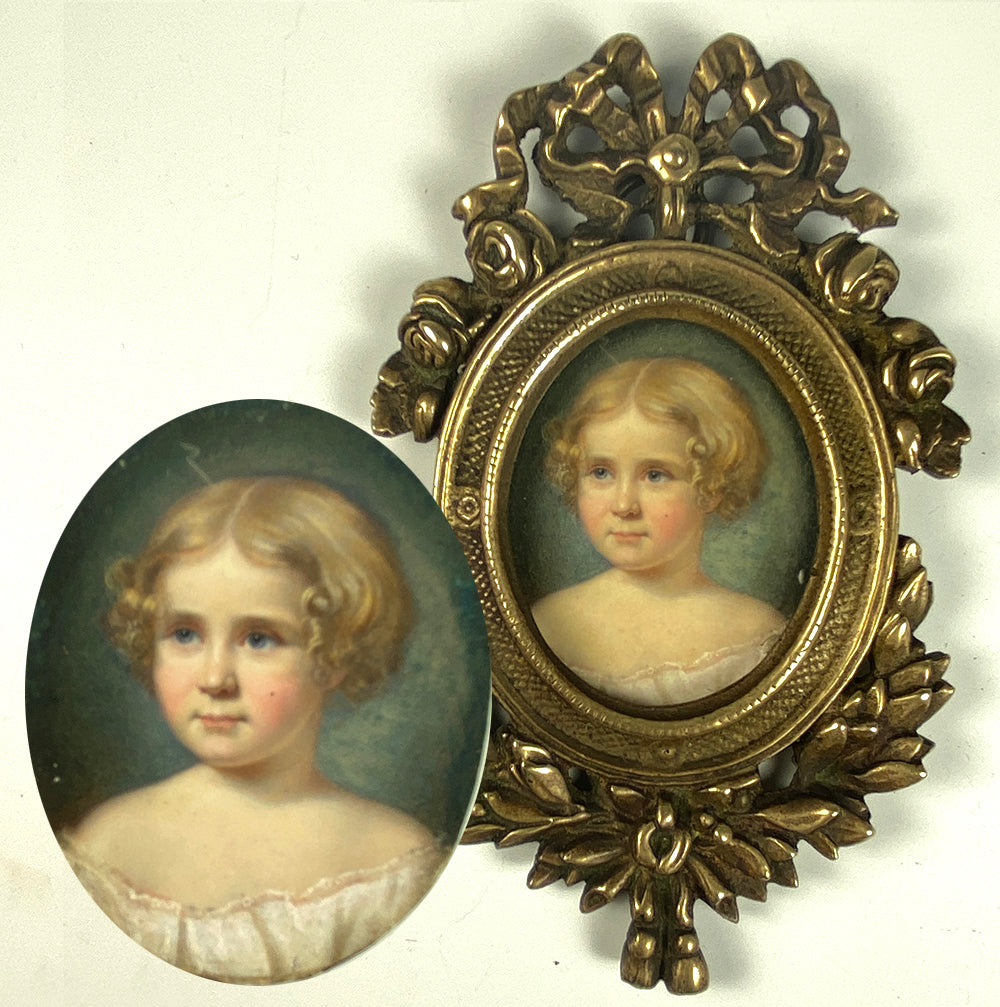 Antique Portrait Miniature of a Blond Child, a Young Girl, French Bronze Frame