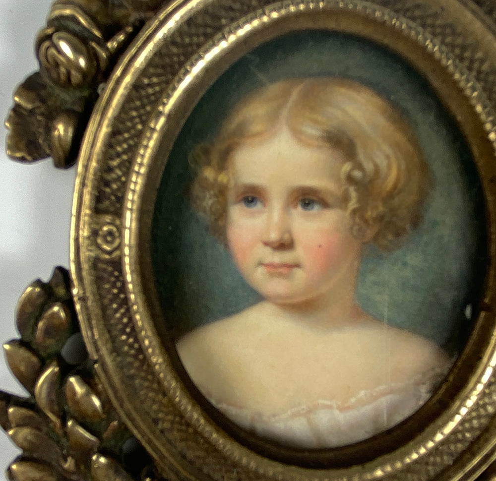 Antique Portrait Miniature of a Blond Child, a Young Girl, French Bronze Frame