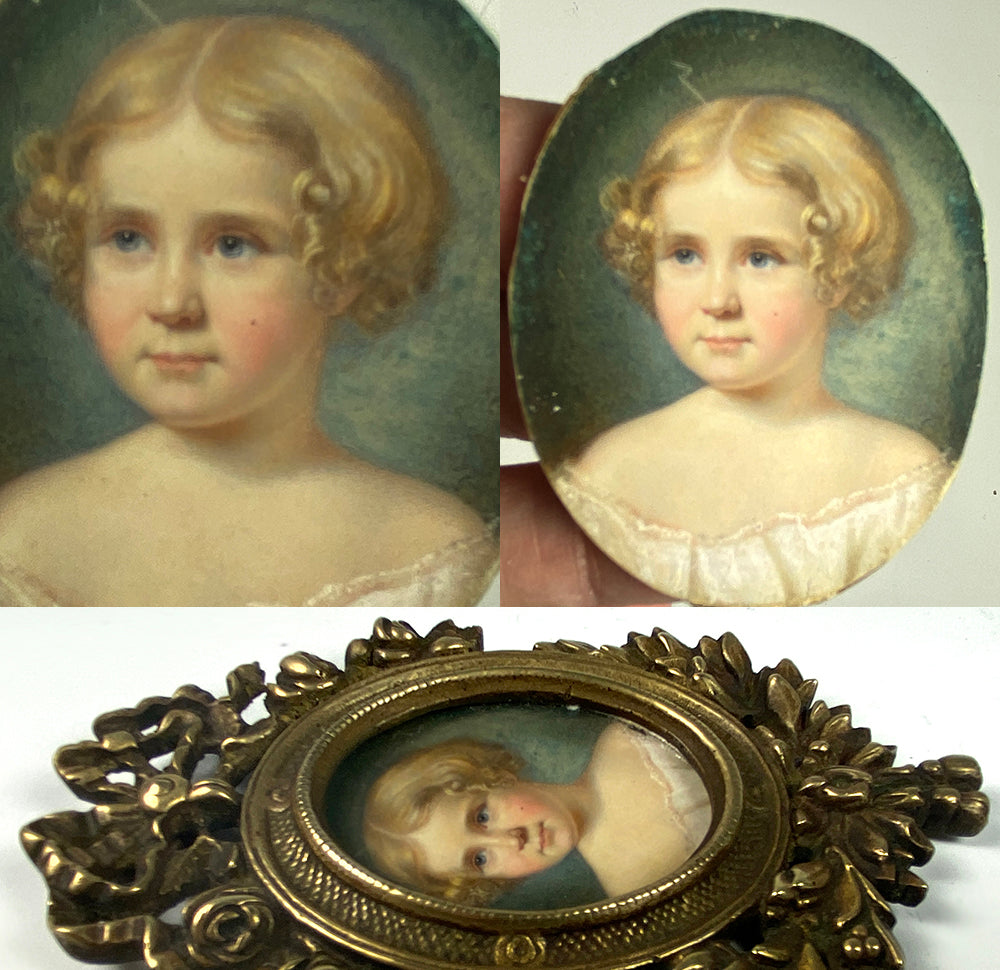 Antique Portrait Miniature of a Blond Child, a Young Girl, French Bronze Frame