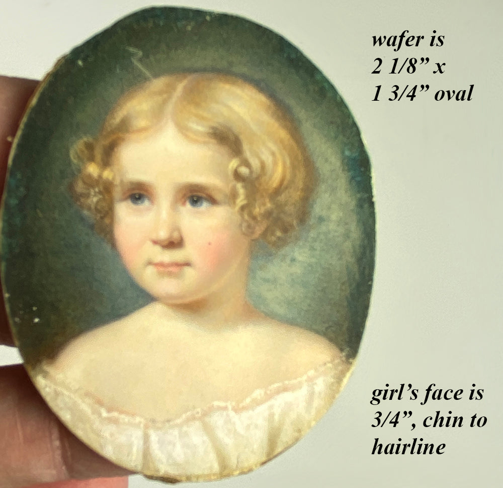 Antique Portrait Miniature of a Blond Child, a Young Girl, French Bronze Frame