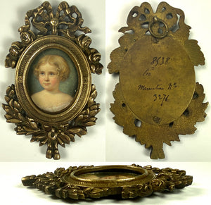 Antique Portrait Miniature of a Blond Child, a Young Girl, French Bronze Frame