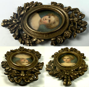 Antique Portrait Miniature of a Blond Child, a Young Girl, French Bronze Frame