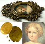 Antique Portrait Miniature of a Blond Child, a Young Girl, French Bronze Frame